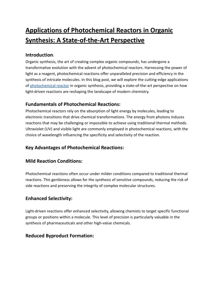 applications of photochemical reactors in organic