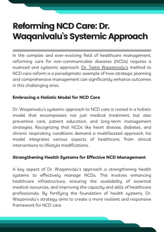 Reforming NCD Care Dr. Waqanivalu's Systemic Approach