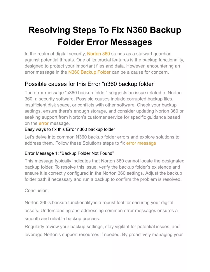 resolving steps to fix n360 backup folder error