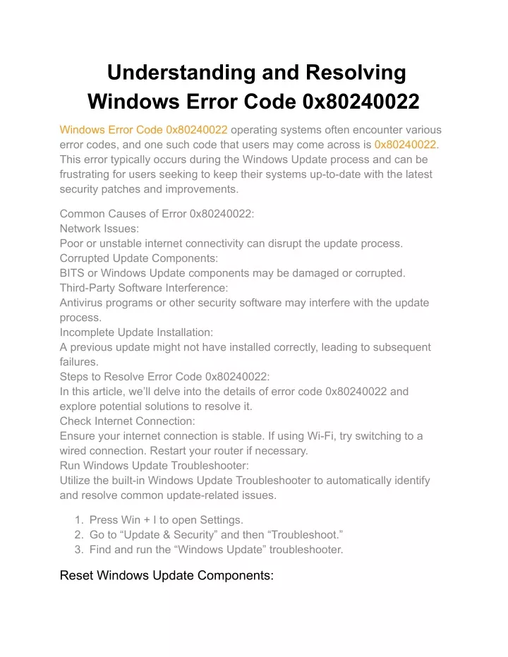 understanding and resolving windows error code