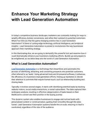 Enhance Your Marketing Strategy withLead Generation Automation