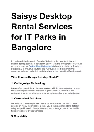 Saisys Desktop Rental Services for IT Parks in Bangalore