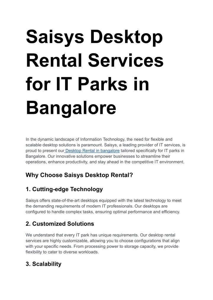 saisys desktop rental services for it parks