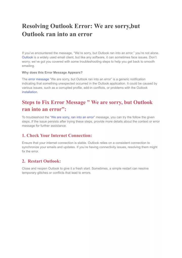 resolving outlook error we are sorry but outlook