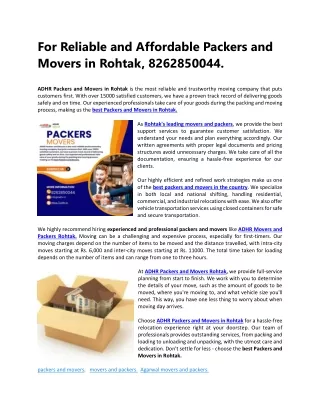 Packers and Movers in Rohtak. 8262850010