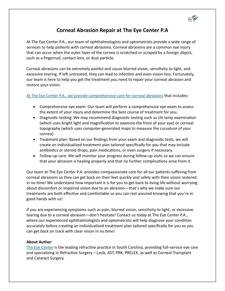 corneal abrasion repair at the eye center p a