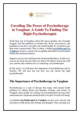 Unveiling The Power of Psychotherapy in Vaughan A Guide To Finding The Right Psychotherapist