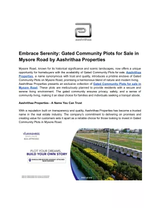 Embrace Serenity_ Gated Community Plots for Sale in Mysore Road by Aashrithaa Properties