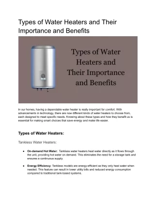 Types of Water Heaters and Their Importance and Benefits