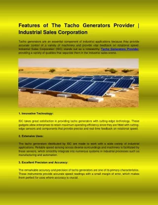 Features of The Tacho Generators Provider Industrial Sales Corporation