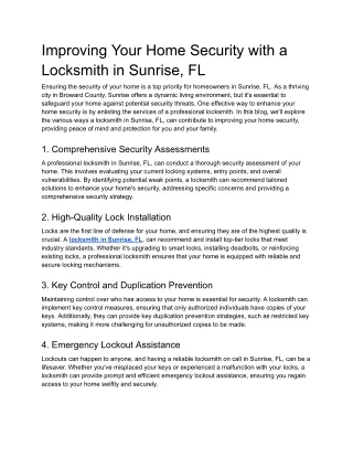 Improving Your Home Security with a Locksmith in Sunrise, FL