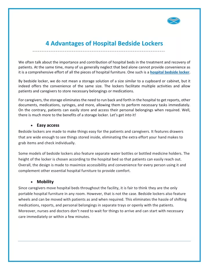 4 advantages of hospital bedside lockers