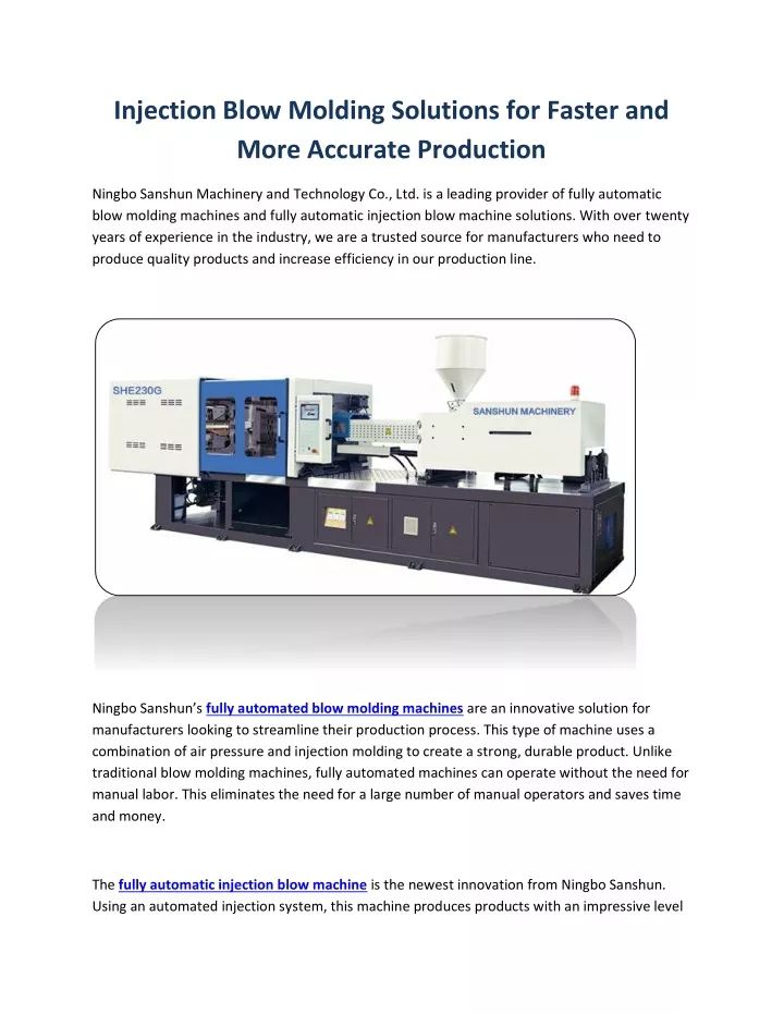 injection blow molding solutions for faster