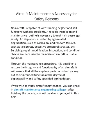Aircraft Maintenance is Necessary for Safety Reasons