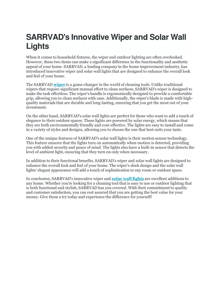 sarrvad s innovative wiper and solar wall lights