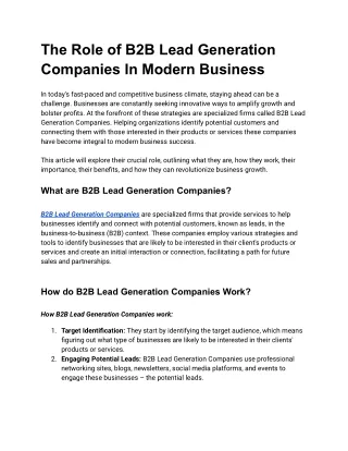 The Role of B2B Lead Generation Companies in Modern Business