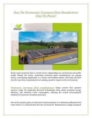 How The Wastewater Treatment Plant Manufacturer Help The Planet?