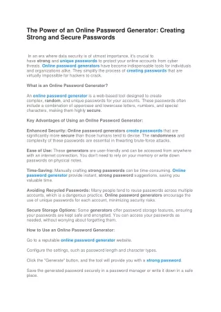 The Power of an Online Password Generator: Creating Strong and Secure Passwords