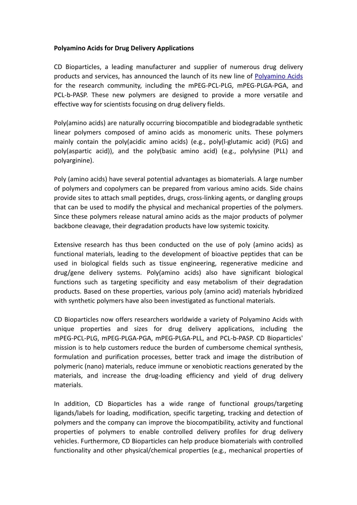 polyamino acids for drug delivery applications