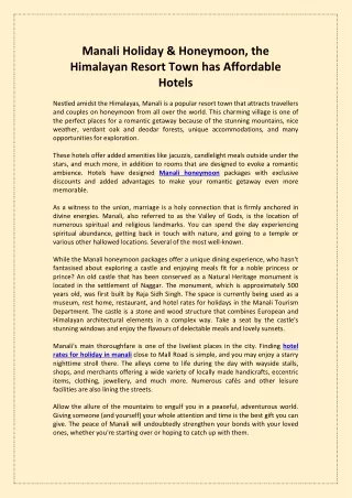 Manali Holiday & Honeymoon the Himalayan Resort Town has Affordable Hotels