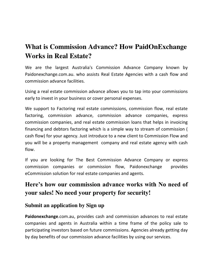 what is commission advance how paidonexchange