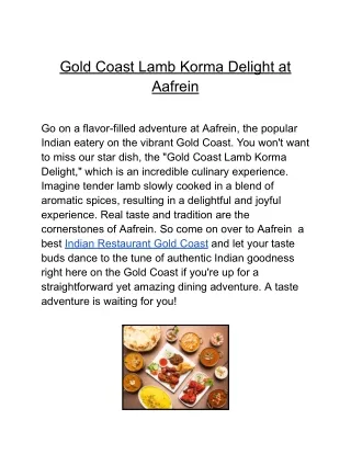 Gold Coast Lamb Korma Delight at Aafrein