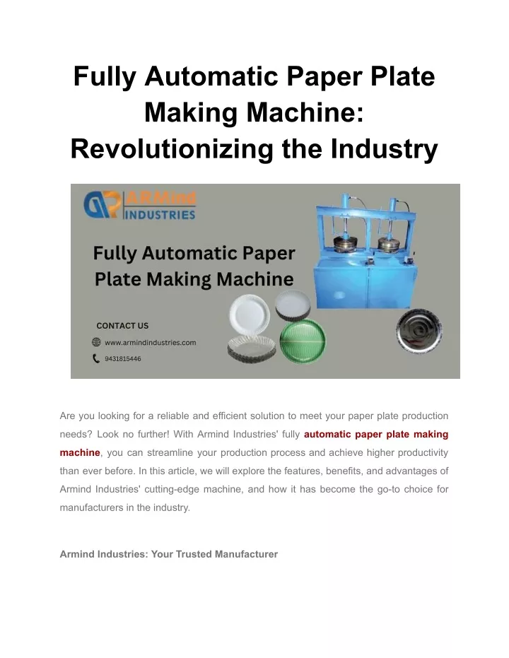 fully automatic paper plate making machine