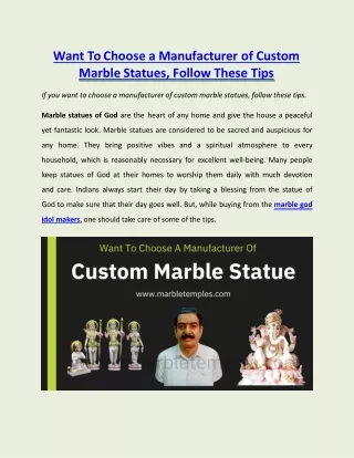 Want To Choose a Manufacturer of Custom Marble Statues, Follow These Tips