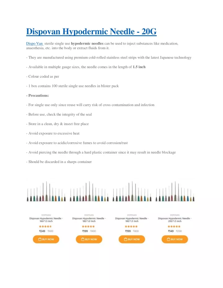 dispovan hypodermic needle 20g
