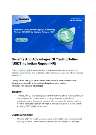 Benefits And Advantages Of Trading Tether (USDT) to Indian Rupee (INR)