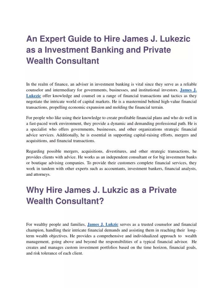 an expert guide to hire james j lukezic as a investment banking and private wealth consultant