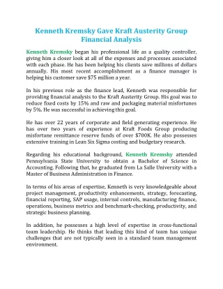 Kenneth Kremsky Gave Kraft Austerity Group Financial Analysis