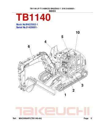 Takeuchi TB1140 Hydraulic Excavator Parts Catalogue Manual (SN 51420001 and up)