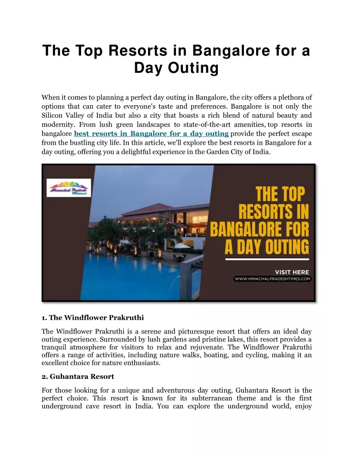 the top resorts in bangalore for a day outing