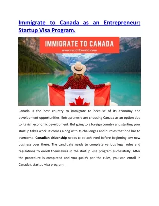 Immigrate to Canada as an Entrepreneur Startup Visa Program