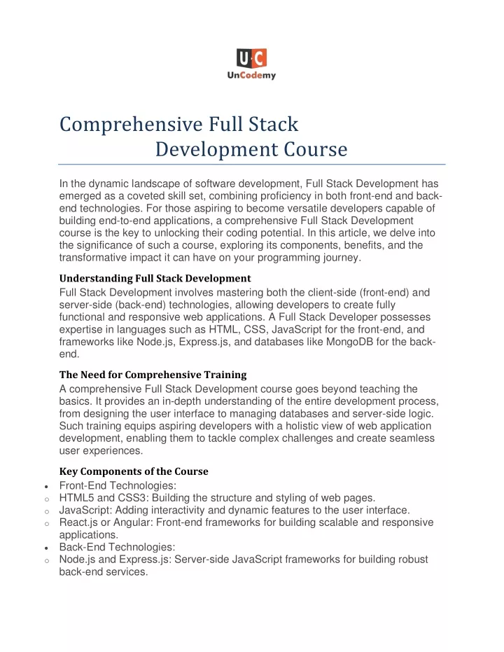 comprehensive full stack development course