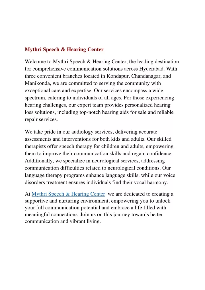 mythri speech hearing center