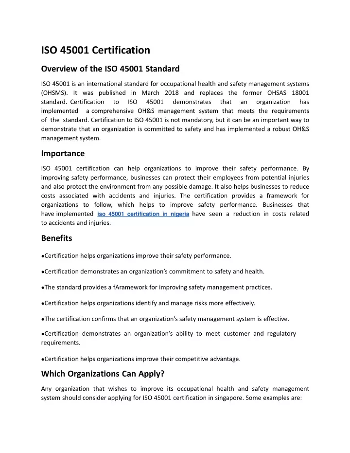 iso 45001 certification overview of the iso 45001