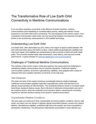 The Transformative Role of Low Earth Orbit Connectivity in Maritime Communications