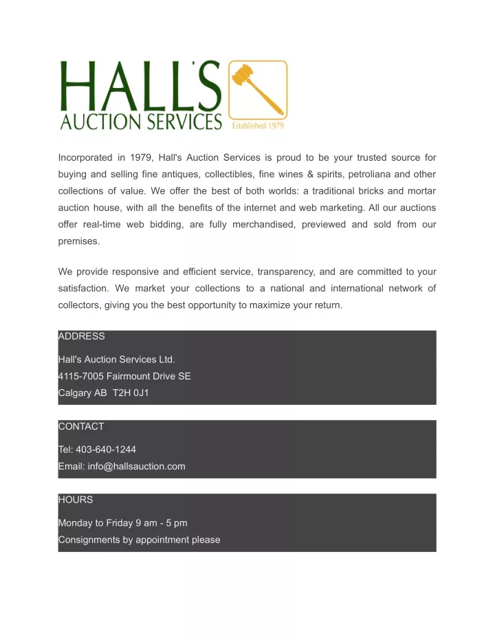 incorporated in 1979 hall s auction services