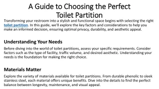 A Guide to Choosing the Perfect Toilet Partition