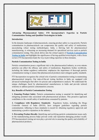 Advancing Pharmaceutical Safety - FTI Incorporation's Expertise in Particle Contamination Testing and Qualified Toxicolo