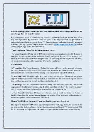 Revolutionizing Quality Assurance with FTI Incorporation - Visual Inspection Defect Set and Knapp Test Kit from Germany