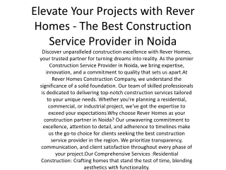 Elevate Your Projects with Rever Homes - The Best Construction Service Provider
