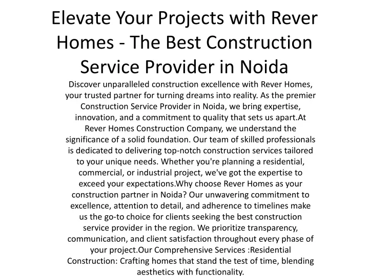 elevate your projects with rever homes the best construction service provider in noida