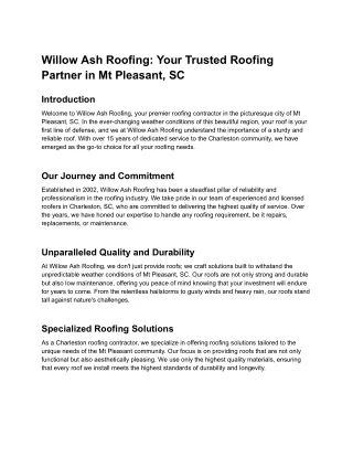 Willow Ash Roofing: Your Trusted Roofing Partner in Mt Pleasant, SC