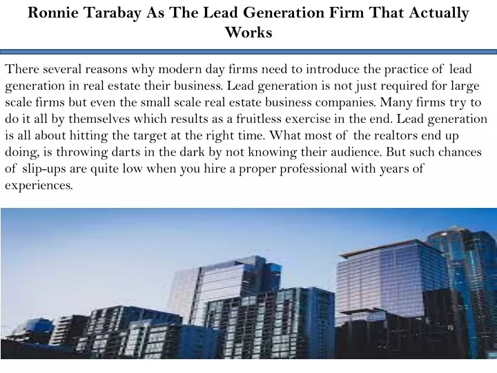 ronnie tarabay as the lead generation firm that