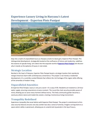 Luxury Living in Haryana's Latest Development - Experion Plots Panipat