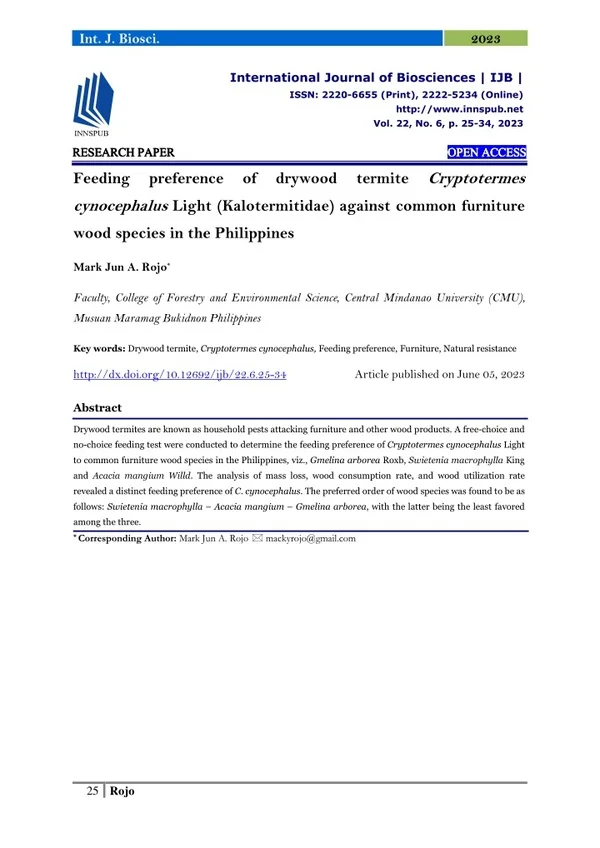 Feeding preference of drywood termite Cryptotermes cynocephalus Light (Kalotermi