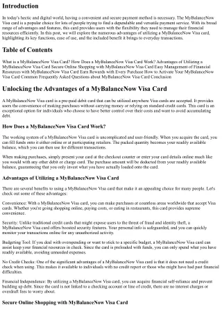 Opening the Advantages of a MyBalanceNow Visa Card